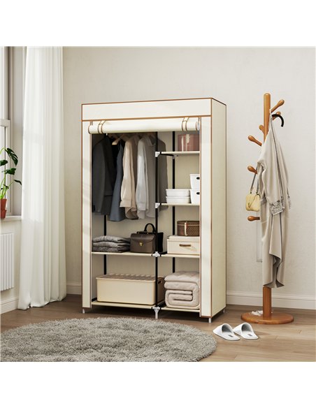 HOMCOM Fabric Wardrobe, Portable Wardrobe with 6 Shelves, 1 Hanging Rail, Foldable Closets, 103 x 43 x 162.5 cm, Cream White - pic 151748 | FastDaddyshop