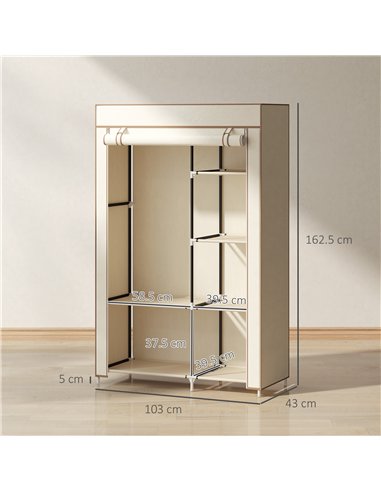HOMCOM Fabric Wardrobe, Portable Wardrobe with 6 Shelves, 1 Hanging Rail, Foldable Closets, 103 x 43 x 162.5 cm, Cream White