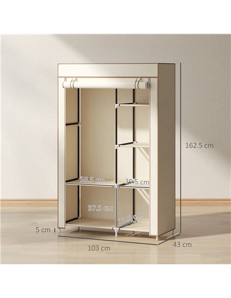 HOMCOM Fabric Wardrobe, Portable Wardrobe with 6 Shelves, 1 Hanging Rail, Foldable Closets, 103 x 43 x 162.5 cm, Cream White - pic 151749 | FastDaddyshop