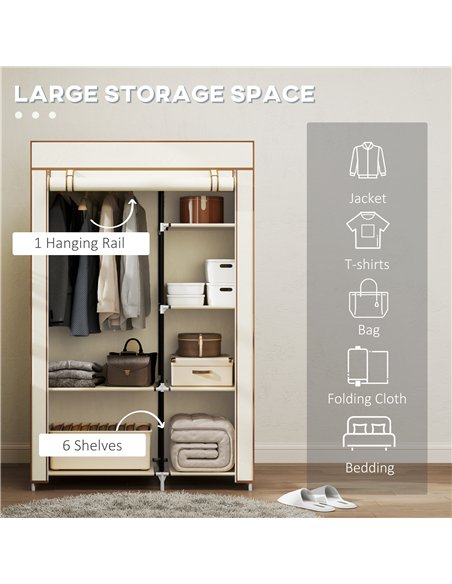 HOMCOM Fabric Wardrobe, Portable Wardrobe with 6 Shelves, 1 Hanging Rail, Foldable Closets, 103 x 43 x 162.5 cm, Cream White - pic 151750 | FastDaddyshop