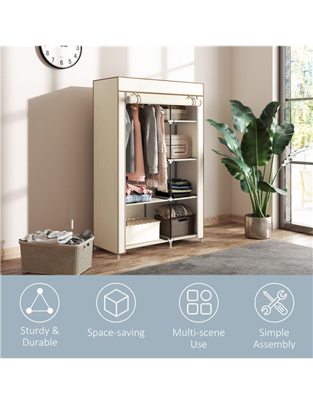 HOMCOM Fabric Wardrobe, Portable Wardrobe with 6 Shelves, 1 Hanging Rail, Foldable Closets, 103 x 43 x 162.5 cm, Cream White - pic 151752 | FastDaddyshop