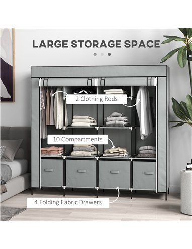HOMCOM Fabric Wardrobe for Bedroom, Portable Cloth Wardrobe with 10 Compartments, 2 Hanging Rails and 4 Fabric Drawers, 166 x 42