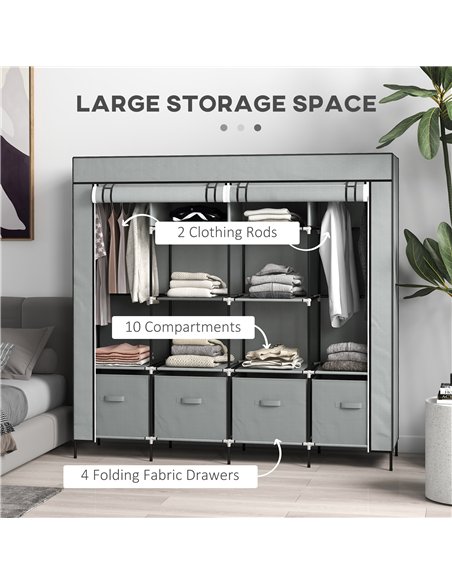 HOMCOM Fabric Wardrobe for Bedroom, Portable Cloth Wardrobe with 10 Compartments, 2 Hanging Rails and 4 Fabric Drawers, 166 x 42 - pic 151759 | FastDaddyshop