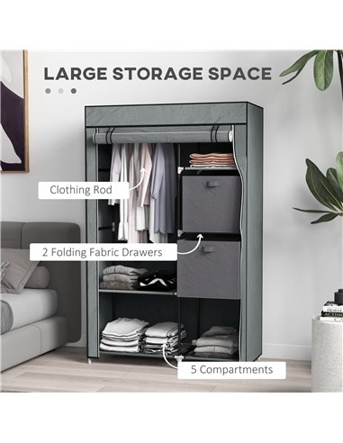 HOMCOM Fabric Wardrobe, Portable Wardrobe, Clothes Storage Unit with 5 Compartments, Hanging Rail and 2 Fabric Drawers, 102 x 42