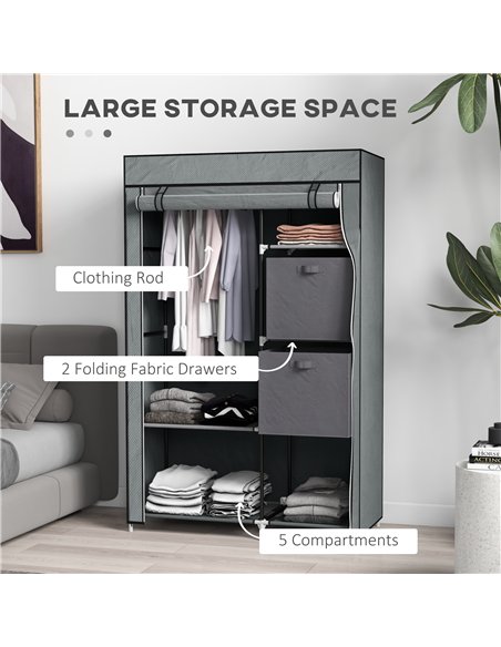 HOMCOM Fabric Wardrobe, Portable Wardrobe, Clothes Storage Unit with 5 Compartments, Hanging Rail and 2 Fabric Drawers, 102 x 42 - pic 151777 | FastDaddyshop