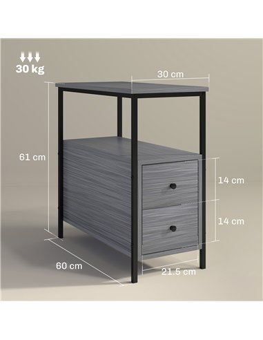 HOMCOM Side Table, Narrow Bedside Table with 2 Drawers and Storage Shelf, Industrial End Table with Metal Frame for Small Spaces