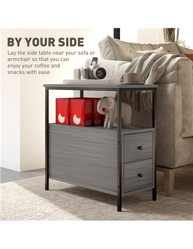 HOMCOM Side Table, Narrow Bedside Table with 2 Drawers and Storage Shelf, Industrial End Table with Metal Frame for Small Spaces