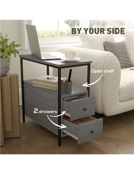 HOMCOM Side Table, Narrow Bedside Table with 2 Drawers and Storage Shelf, Industrial End Table with Metal Frame for Small Spaces - pic 151859 | FastDaddyshop