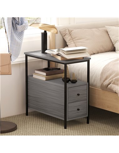HOMCOM Side Table, Narrow Bedside Table with 2 Drawers and Storage Shelf, Industrial End Table with Metal Frame for Small Spaces