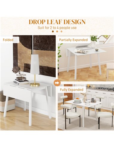 HOMCOM Solid Wood Folding Dining Table, Drop Leaf Table for 2-4 People, Rectangle Kitchen Table for Small Space, White