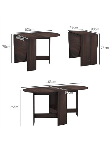 HOMCOM Folding Dining Table, Drop Leaf Table for Small Spaces, Oval Tabletop for Dining Room, Chocolate Wood Effect