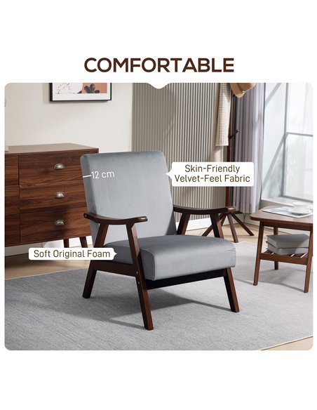 HOMCOM Nordic Accent Chair, Upholstered Velvet Armchair with Solid Wood Frame and Soft Thick Padded for Living Room, Bedroom, Gr - pic 152029 | FastDaddyshop