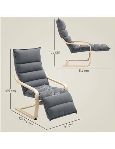 HOMCOM Curved Wooden Accent Chair, with Adjustable Footrest - Drak Grey