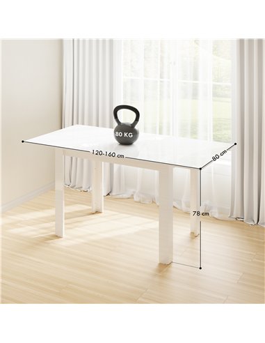 HOMCOM Extendable Dining Table, 120-160 x 70cm Rectangular Kitchen Table for Small Spaces, Seats 4-6 People, High Gloss White