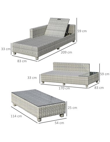 Outsunny 3 Pieces Outdoor PE Rattan Sofa Set with Padded Cushion, Tea Table, Mixed Grey