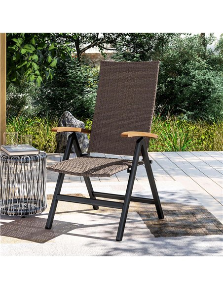 Outsunny Outdoor Folding Rattan Chair with Armrests, High Backrest, for Garden, Camping, Balcony, Porch - Brown - pic 152068 | FastDaddyshop