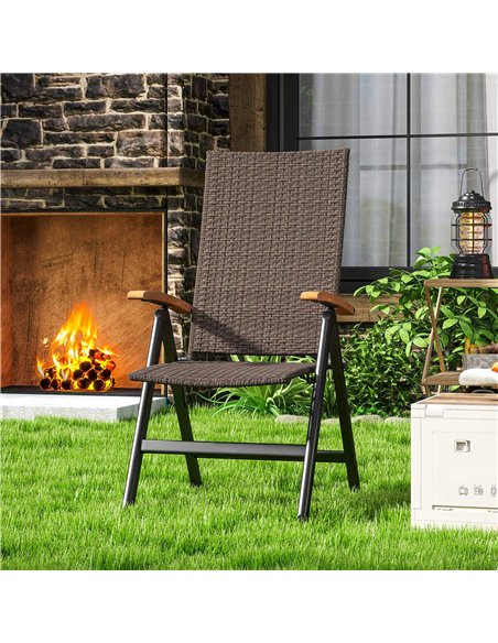 Outsunny Outdoor Folding Rattan Chair with Armrests, High Backrest, for Garden, Camping, Balcony, Porch - Brown - pic 152069 | FastDaddyshop