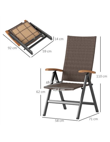 Outsunny 2 Pieces Outdoor Foldable Dining Chair with Armrests, High Backrest, for Garden, Camping, Balcony, Brown
