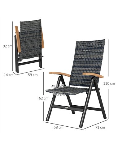 Outsunny 2 Pieces Outdoor Foldable Dining Chair with Armrests, High Backrest, for Garden, Camping, Balcony, Mixed-grey
