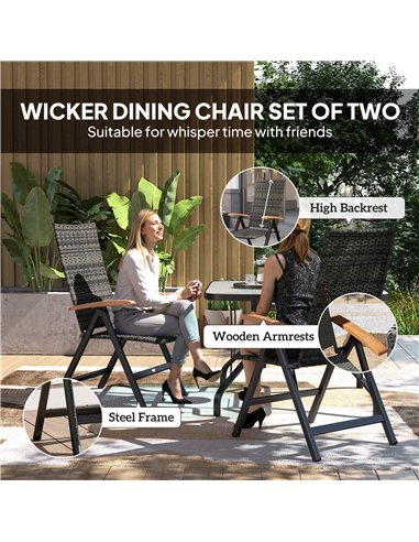 Outsunny 2 Pieces Outdoor Foldable Dining Chair with Armrests, High Backrest, for Garden, Camping, Balcony, Mixed-grey