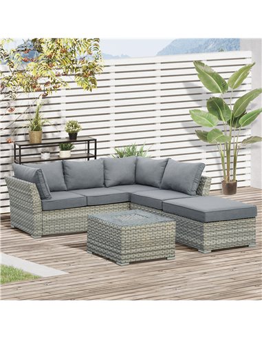 Outsunny 5-Seater Patio PE Rattan Corner Sofa Set, with Tea Table with Ice Bucket, Light Grey