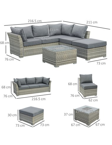 Outsunny 5-Seater Patio PE Rattan Corner Sofa Set, with Tea Table with Ice Bucket, Light Grey