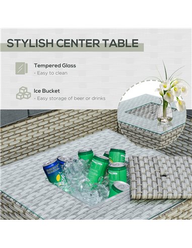 Outsunny 5-Seater Patio PE Rattan Corner Sofa Set, with Tea Table with Ice Bucket, Light Grey