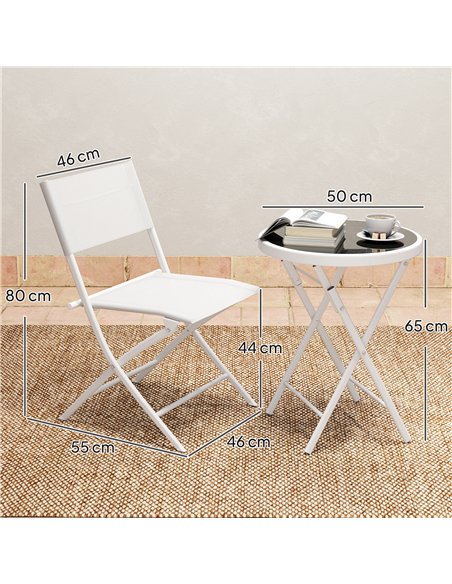 Outsunny 3 Pieces Outdoor Bistro Set, Glass Top Outdoor Table and 2 Folding Chairs with Protecting Feet, White - pic 152208 | FastDaddyshop