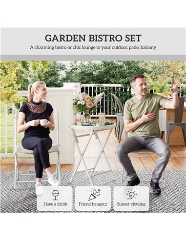 Outsunny 3 Pieces Outdoor Bistro Set, Glass Top Outdoor Table and 2 Folding Chairs with Protecting Feet, White
