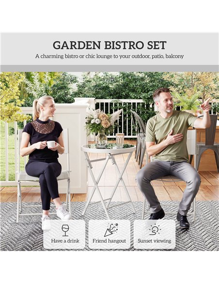 Outsunny 3 Pieces Outdoor Bistro Set, Glass Top Outdoor Table and 2 Folding Chairs with Protecting Feet, White - pic 152209 | FastDaddyshop