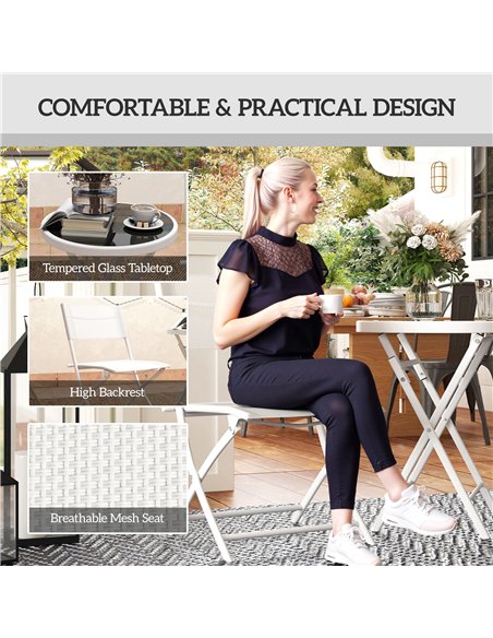 Outsunny 3 Pieces Outdoor Bistro Set, Glass Top Outdoor Table and 2 Folding Chairs with Protecting Feet, White - pic 152211 | FastDaddyshop