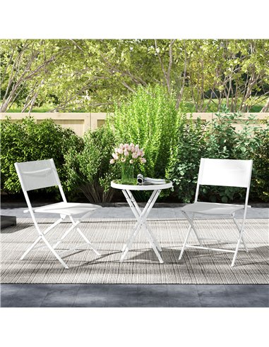 Outsunny 3 Pieces Outdoor Bistro Set, Glass Top Outdoor Table and 2 Folding Chairs with Protecting Feet, White