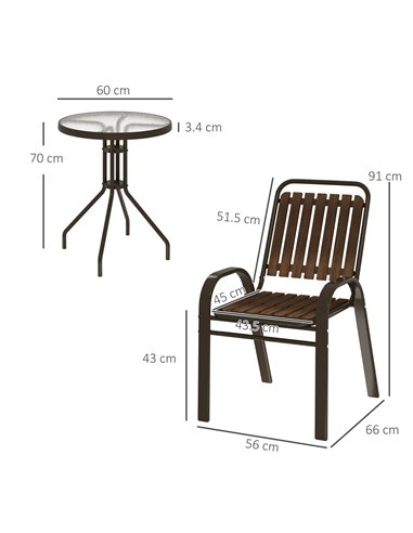 Outsunny 3 Pieces Patio Bistro Set with Stackable Chairs, Tempered Glass Table, for Outdoor, Balcony, Patio, Garden, Dark Brown
