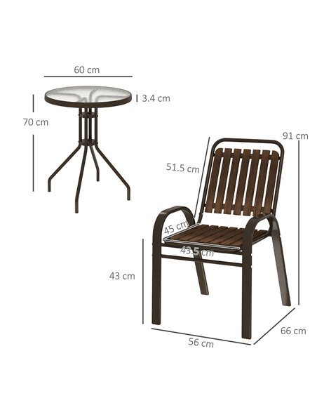 Outsunny 3 Pieces Patio Bistro Set with Stackable Chairs, Tempered Glass Table, for Outdoor, Balcony, Patio, Garden, Dark Brown - pic 152226 | FastDaddyshop