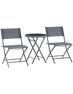 Outsunny 3 Pieces Outdoor Bistro Set, Glass Top Outdoor Table and 2 Folding Chairs with Protecting Feet, Grey