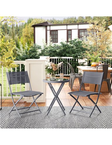 Outsunny 3 Pieces Outdoor Bistro Set, Glass Top Outdoor Table and 2 Folding Chairs with Protecting Feet, Grey