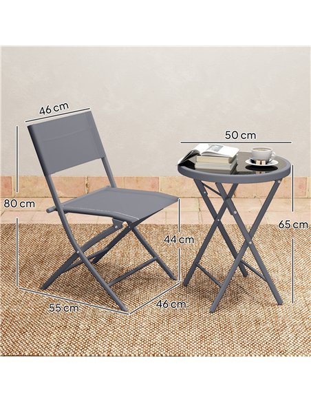 Outsunny 3 Pieces Outdoor Bistro Set, Glass Top Outdoor Table and 2 Folding Chairs with Protecting Feet, Grey - pic 152235 | FastDaddyshop