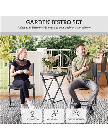 Outsunny 3 Pieces Outdoor Bistro Set, Glass Top Outdoor Table and 2 Folding Chairs with Protecting Feet, Grey
