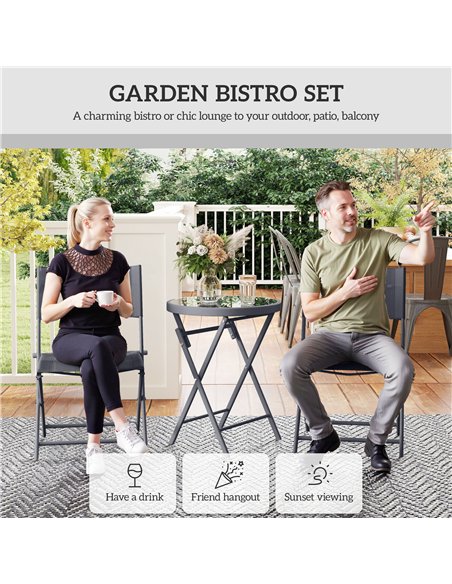 Outsunny 3 Pieces Outdoor Bistro Set, Glass Top Outdoor Table and 2 Folding Chairs with Protecting Feet, Grey - pic 152236 | FastDaddyshop