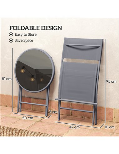 Outsunny 3 Pieces Outdoor Bistro Set, Glass Top Outdoor Table and 2 Folding Chairs with Protecting Feet, Grey
