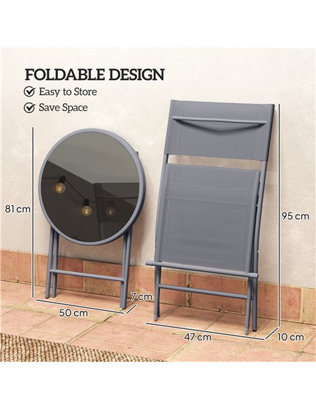 Outsunny 3 Pieces Outdoor Bistro Set, Glass Top Outdoor Table and 2 Folding Chairs with Protecting Feet, Grey - pic 152237 | FastDaddyshop