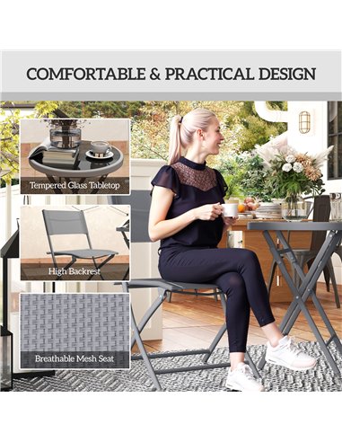 Outsunny 3 Pieces Outdoor Bistro Set, Glass Top Outdoor Table and 2 Folding Chairs with Protecting Feet, Grey