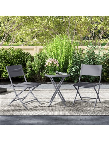 Outsunny 3 Pieces Outdoor Bistro Set, Glass Top Outdoor Table and 2 Folding Chairs with Protecting Feet, Grey