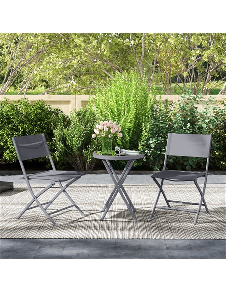 Outsunny 3 Pieces Outdoor Bistro Set, Glass Top Outdoor Table and 2 Folding Chairs with Protecting Feet, Grey - pic 152241 | FastDaddyshop