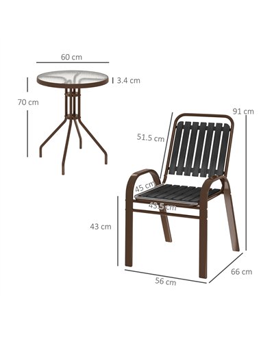 Outsunny 3 Pieces Patio Bistro Set with Stackable Chairs, Tempered Glass Table, for Outdoor, Balcony, Patio, Garden Charcoal Gre