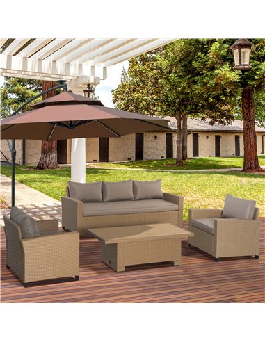 Outsunny 4 Pieces Garden PE Rattan Sofa Set, Patio Wicker Aluminium Frame Conversation w/Wood Grain Plastic Table, Khaki