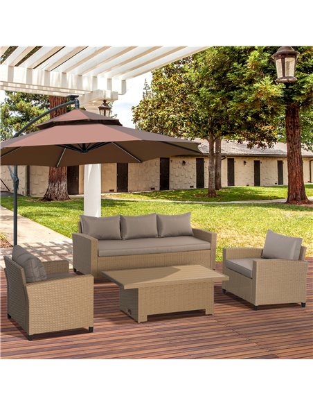 Outsunny 4 Pieces Garden PE Rattan Sofa Set, Patio Wicker Aluminium Frame Conversation w/Wood Grain Plastic Table, Khaki - pic 15229 | FastDaddyshop
