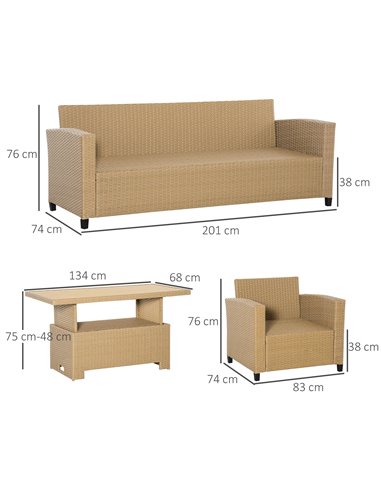 Outsunny 4 Pieces Garden PE Rattan Sofa Set, Patio Wicker Aluminium Frame Conversation w/Wood Grain Plastic Table, Khaki