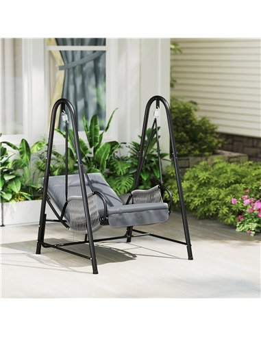 Outsunny Rattan Swing Chair, Outdoor Garden Hanging Swing Seat with Stand and Seat Cushion, Porch Hanging Chair for Balcony, Gar