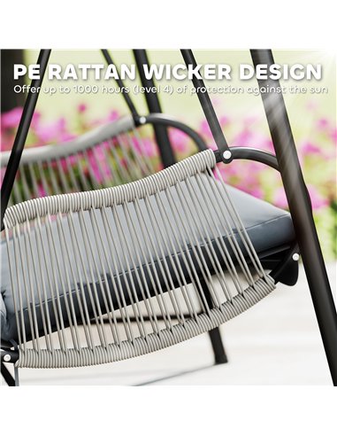 Outsunny Rattan Swing Chair, Outdoor Garden Hanging Swing Seat with Stand and Seat Cushion, Porch Hanging Chair for Balcony, Gar